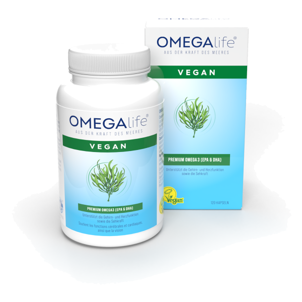 OMEGA-life Vegan sind Algenölkapseln, die reich an den Omega-3-Fettsäuren EPA und DHA sind. 