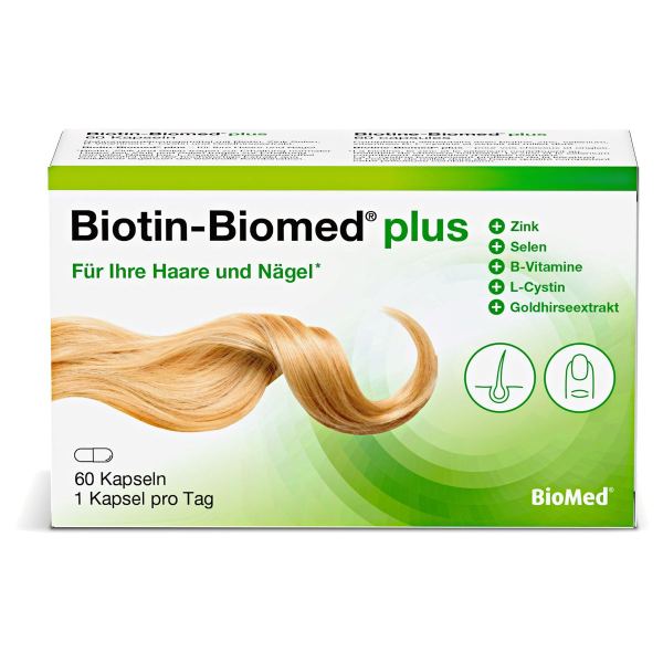 Biotin-Biomed plus enthält wertvolle Mineralstoffe und Vitamine, die helfen, Ihre Haare und Nägel gesund und stark zu halten.
