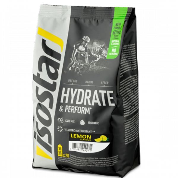 Isostar Hydrate & Perform Lemon ist ein Pulver zur Herstellung eines Kohlenhydrat-Elektrolytgetränks.